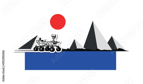 Black and white rover vehicle driving across simplified Martian terrain, vibrant red circle intersecting upper composition, bold cobalt geometric rectangle