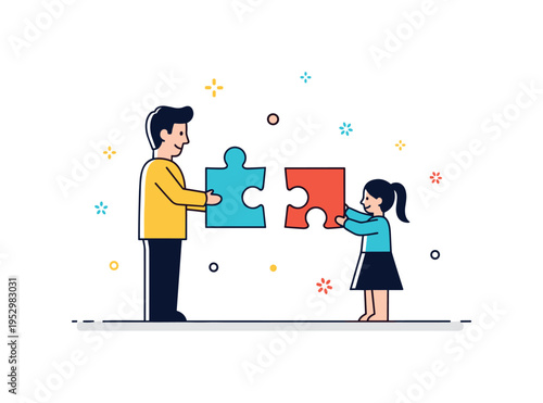 Puzzle family bonding theme featuring a parent and child silhouette holding two puzzle pieces that connect between them. A warm visual metaphor of unity,