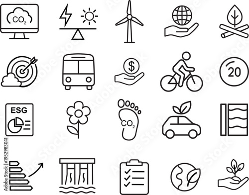 Sustainability vector icon set, CO2 monitor, wind turbine, globe, bus, bicycle, ESG report, carbon footprint, eco car, hydro dam, sprout