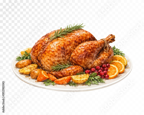 Whole roasted turkey on a festive platter with citrus slices, herbs and vegetables, holiday dinner food clipart for menu design, celebrations and kitchen decor. Vector illustration