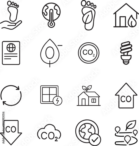 Ecology vector icon set, footprint, earth temperature, eco house, water drop, CO2, energy bulb, recycle, solar panel, green home, carbon emission, earth check, eco path