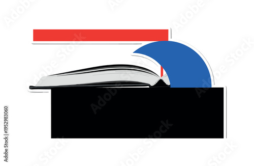 Black and white book slightly open with its pages aligned to the edge of a sharp black rectangular block, bright red horizontal bar marking the boundary,