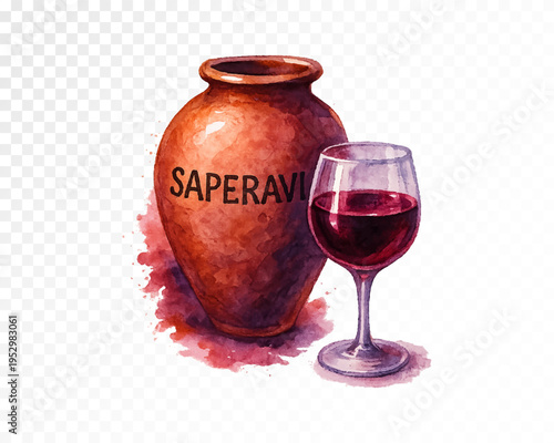 Clay vessel with glass of deep red saperavi wine, rustic traditional beverage clipart in watercolor style for winery branding, menu design and cultural themes. Vector illustration