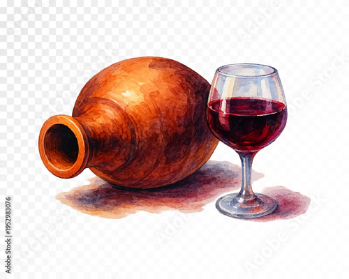 Traditional clay wine vessel with filled glass of red wine, rustic beverage clipart in watercolor style for restaurant menu, winery branding and drink design. Vector illustration