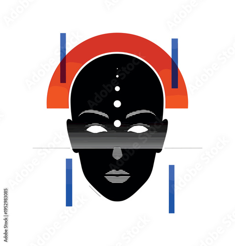 Black and white abstract face silhouette watching three expanding dots float in front, bright orange semicircle behind the head symbolizing anticipation, blue