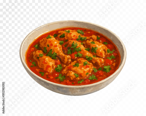 Bowl of chicken drumsticks in rich tomato sauce with fresh herb garnish, hearty homemade food clipart in watercolor style for restaurant menu, recipe cards and kitchen design. Vector illustration