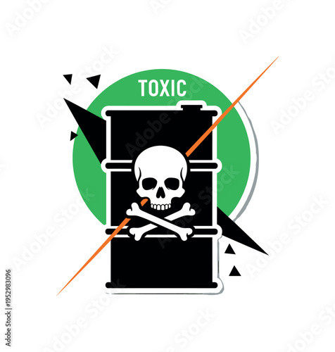 Black and white skull and crossbones icon integrated into industrial barrel design, bold toxic green circle framing the upper section, thin orange diagonal