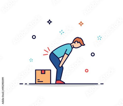 Back strain after heavy lifting depicting a small figure bending forward with a box and a red accent near the lower back to suggest sudden discomfort. The