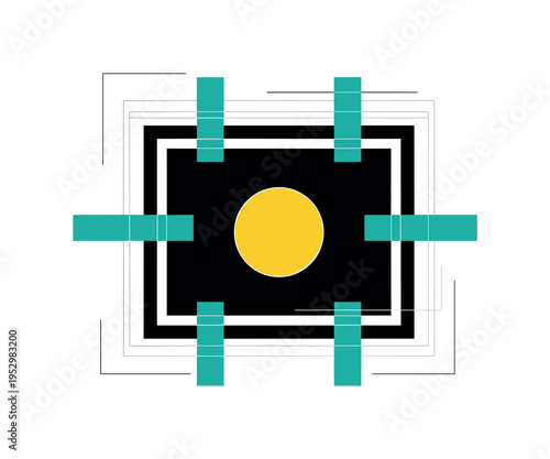 double-layered retro frame in monochrome, centered with bold yellow circle and teal rectangular bars crossing edges, white contour outline, thin structured