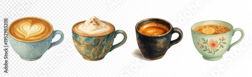 Set of elegant coffee cups with latte, cappuccino, espresso and floral teacup styling, cozy cafe beverage clipart collection for menu design, brunch branding and kitchen decor. Vector illustration