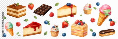 Sweet dessert collection with layered cakes, chocolate bar, cupcake, ice cream, eclair, berries and pastry treats, colorful bakery clipart set for menu, cafe branding and festive design. Vector