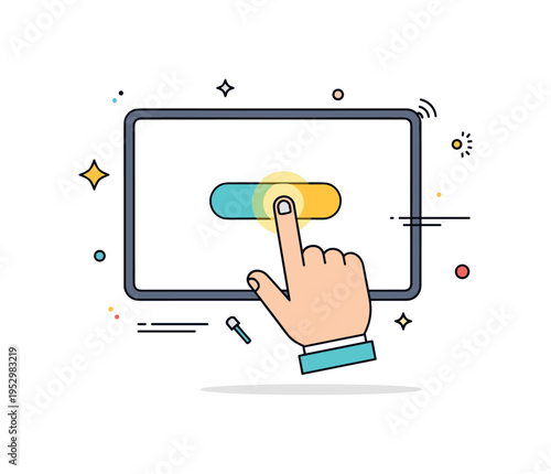 Touchscreen interface interaction featuring a hand gently tapping a glowing button on a sleek tablet screen, expressing intuitive control and modern digital