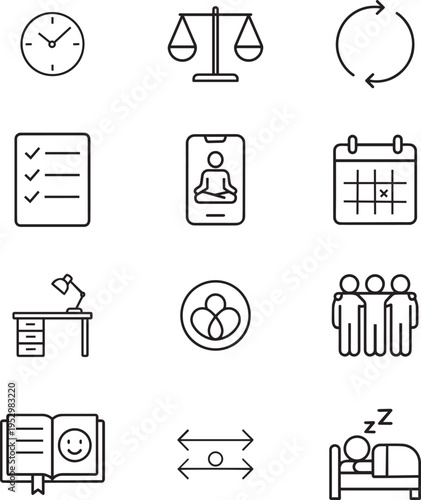 Lifestyle vector icon set, clock, scales, refresh arrows, checklist, meditation app, calendar, office desk, connection, group, open book, dimensions, sleeping person