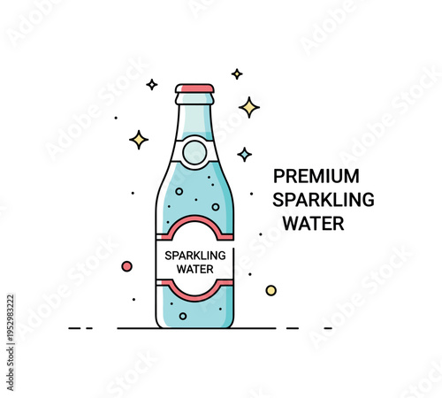 Premium sparkling water label design concept illustrated through a minimal bottle with elegant typography block and small sparkle accents, symbolizing quality,