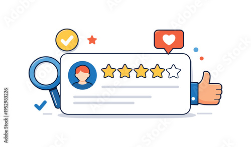 Online review stars focused on decision making and social proof in digital services. A clean editorial-style scene combining star icons with a simple card or