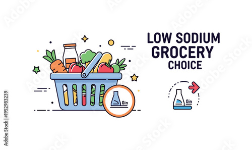 Low sodium grocery choice badge featuring a shopping basket filled with fresh produce and a subtle sodium reduction icon, symbolizing smarter selections and