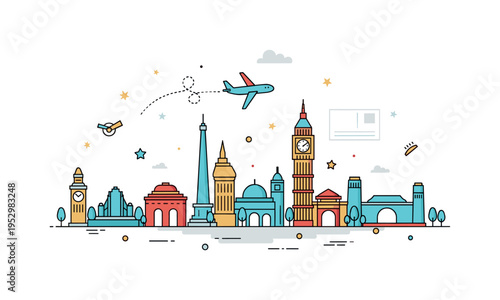 World landmarks postcard style illustration with a small airplane icon flying above a row of recognizable monument silhouettes. The scene