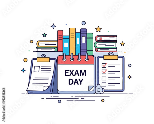 Organized study plan concept centered on a calendar marked Exam Day with books and a checklist arranged around it, symbolizing preparation and time management.