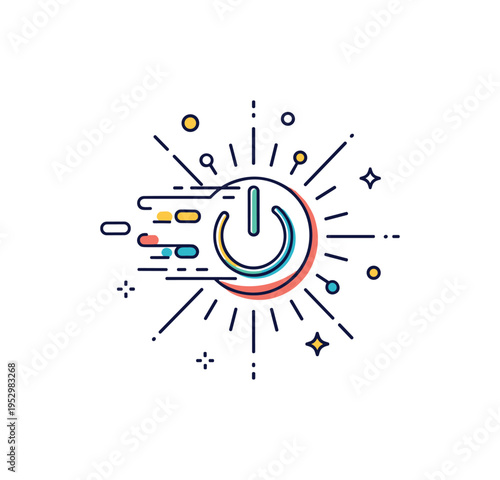 Energy burst effect glowing circular center with sharp yet rounded rays and small motion dots, expressing power, momentum and sudden impact. Minimalist flat