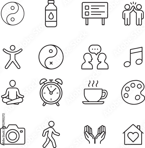 Lifestyle vector icon set, yin-yang, water bottle, checklist, high five, stretching, talking, music, meditating, alarm, coffee, palette, camera, walking, hands, home.