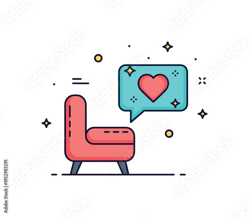 Therapy and counseling concept with a small armchair facing a speech bubble containing a heart and subtle sparkles. A friendly editorial symbol of safe space,