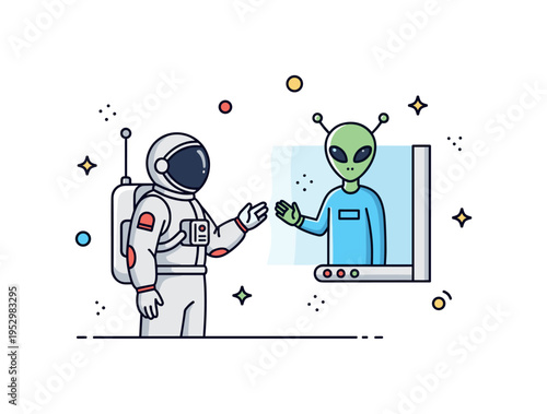 Alien hologram exchange suited astronaut extending a cautious hand toward a projected extraterrestrial form generated by a sleek device, conveying