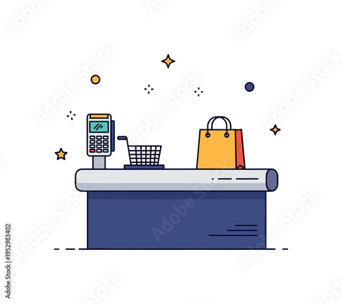 Point of sale counter experience illustrated through a compact checkout desk with a payment terminal and a shopping bag, expressing convenience and smooth