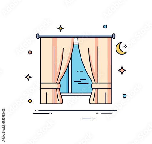 Closing the curtains evening routine concept centered around soft drapes being gently pulled together across a window with a small crescent moon outside,