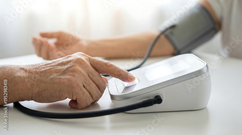 Close-up of an elderly person's hand pressing a button on a modern digital blood pressure monitor, checking vital signs at home for health management and medical care.
