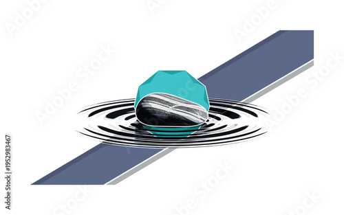 Black and white pebble creating ripple in abstract water surface, vibrant turquoise geometric sun disc offset behind ripple center, muted indigo diagonal
