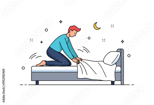 Straightening sheets illustration showing a figure kneeling on a mattress adjusting the fitted sheet corners with subtle motion indicators, expressing careful