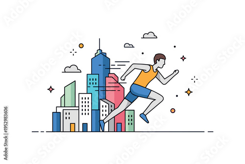Urban sprint scene showing a runner racing past simplified city shapes symbolizing ambition, pace, and unstoppable progress. Clean shadow layers and minimal