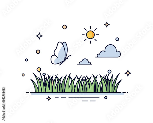 Summer meadow glade open grassy clearing with subtle butterfly silhouette and bright sun accent above, symbolizing warmth, freedom, and vibrant outdoor life.