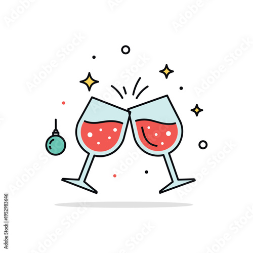 Christmas party cocktail idea built around two clinking glasses with subtle star accents and a small ornament detail nearby, expressing celebration and