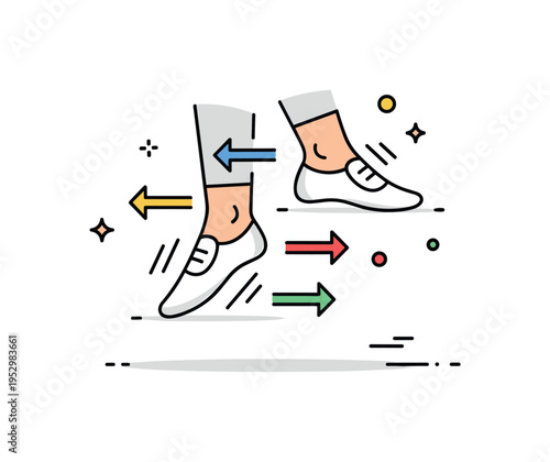 Salsa footwork practice focused on two simplified feet stepping in sync with directional arrows, representing coordination, precision, and rhythmic flow. A