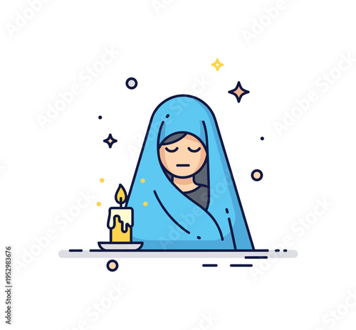 Peaceful remembrance scene simple covered figure silhouette with small candle and subtle star accents, expressing mourning, memory, and quiet reflection.