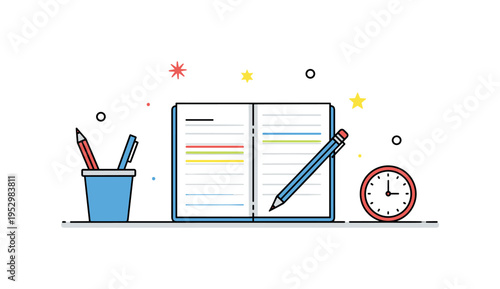 Student writing desk setup featuring a notebook with highlighted lines, pencil cup, and small clock icon, conveying study focus and structured learning time. A