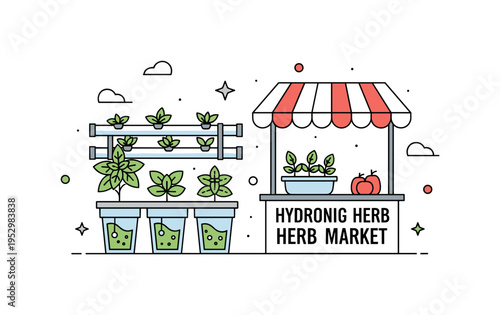 Hydroponic herb stand illustration with basil and mint growing in nutrient solution containers beside a minimal market canopy symbolizing innovation in local