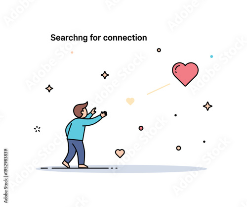 Searching for connection theme illustrated by a small figure reaching toward a distant glowing heart icon, expressing hope, vulnerability, and the desire for