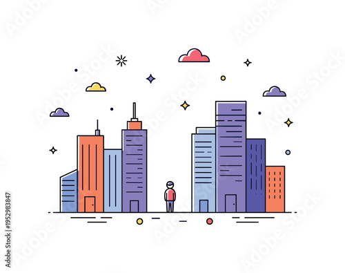 Urban loneliness theme illustrated through a small isolated figure standing between tall simplified building shapes, conveying anonymity, scale, and emotional