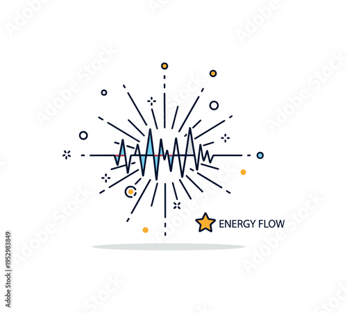 Interstellar pulse rhythmic wave lines radiating from a small star icon labeled Energy Flow, conveying continuous cosmic vibration and expansion. Minimalist