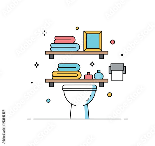 Over the toilet bathroom shelf scene illustrated with a simple shelf unit holding neatly folded towels and a small decorative frame, conveying efficient use of