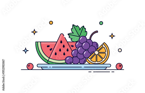 Fruit platter summer picnic scene featuring a light plate with watermelon slice, grapes cluster, and citrus wedge arranged casually. The scene conveys outdoor