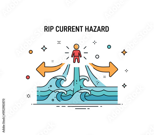 Rip current hazard theme illustrated with a small figure above stylized wave arrows pulling outward, expressing invisible forces and the importance of water