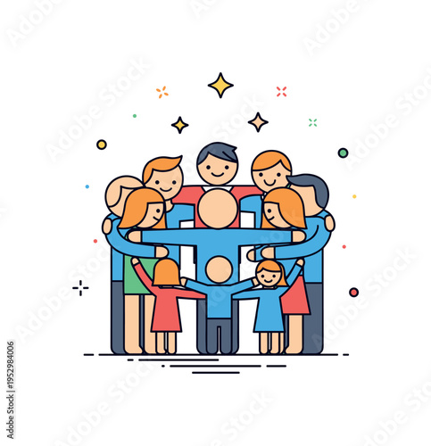 Family reunion hug group of simplified figures forming a tight embrace circle with subtle star accents above, representing belonging, safety and shared