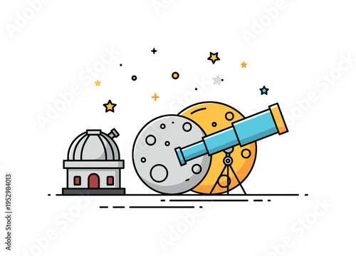 Moon and telescope pairing with a simple observatory silhouette and small star icons scattered above. The scene conveys curiosity, astronomy, and scientific