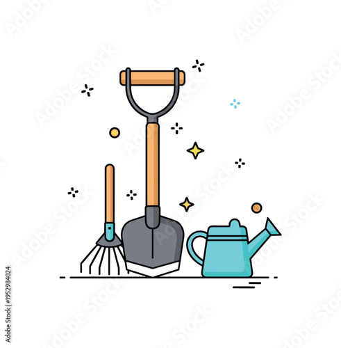 Gardening tools collection highlighting a hoe as the main object accompanied by a small rake and watering can icons, symbolizing essential equipment for