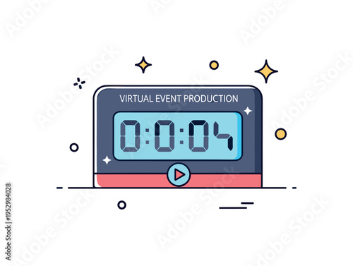 Virtual event production countdown launch moment featuring a digital timer display with subtle sparkle accents and a play symbol. A focused visual metaphor of