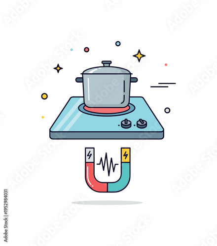 Induction stove concept flat glass cooktop with a pot and subtle magnetic wave icon beneath, symbolizing energy efficient modern technology. Minimalist flat