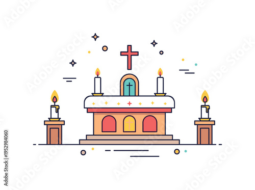 Church altar interior scene featuring a central altar table with a simple cross above and two lit candles on each side, expressing reverence, balance and